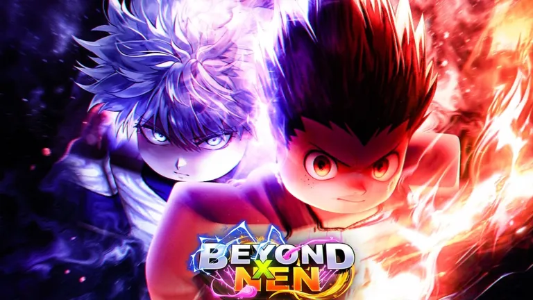 Gon and Killua rushing forward wreathed in red and violet Nen flames