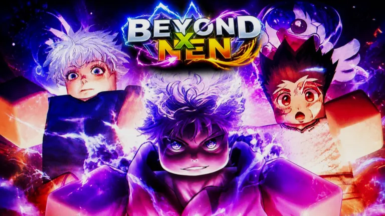 Three determined young hunters posing beneath the glowing title emblem
