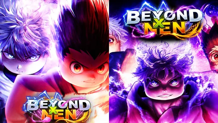 Split diptych of dual-aura clash beside trio awakening beneath logo