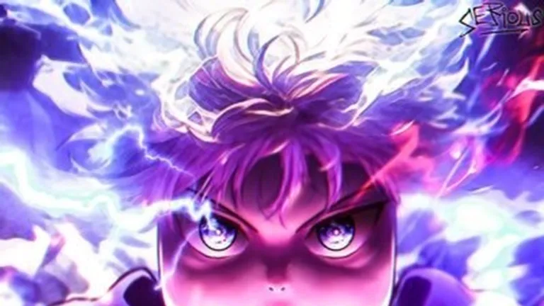 Close-up of lightning-aura fighter face crackling with white Nen energy