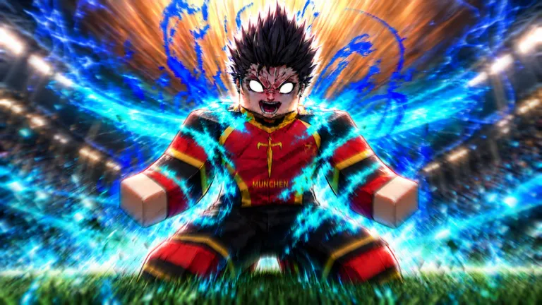 Roblox striker kicking a soccer ball on a floodlit pitch at night