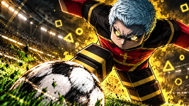 Roblox player dribbling on grass, left crop of the match scene