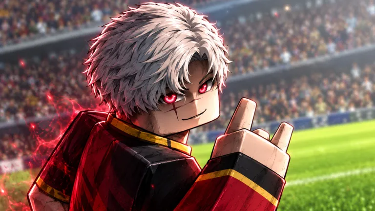 Roblox soccer character with white hair celebrating on the pitch