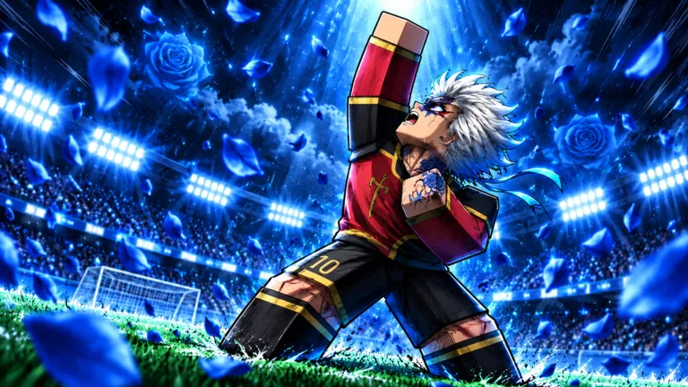 Roblox soccer player striking a ball with glowing blue aura