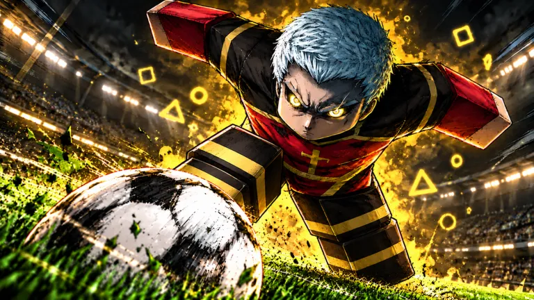 Roblox soccer player dribbling past an opponent on green grass