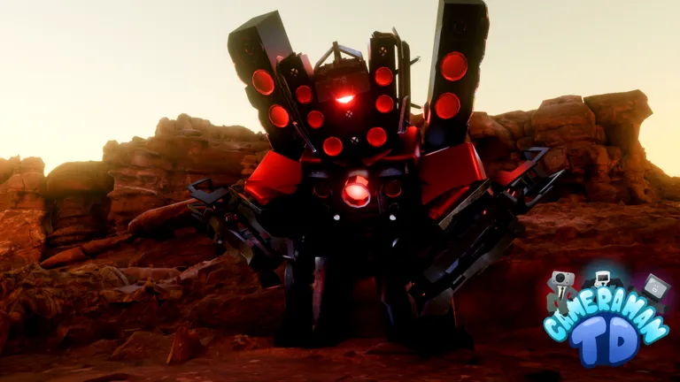 Giant red-and-black speaker-boss unit standing in the desert arena
