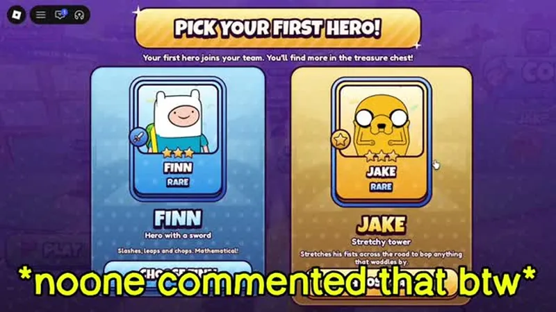The pick your first hero screen in Candy Kingdom Defense offering Finn or Jake