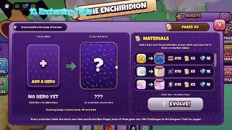 The Enchiridion evolution panel showing the hero slot, the question mark and the materials list