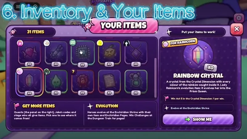 The Candy Kingdom Defense inventory panel showing the Rainbow Crystal reroll item
