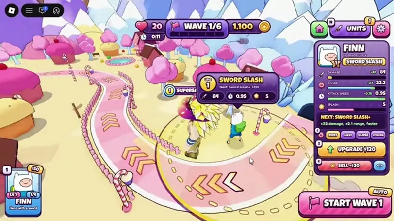 A Candy Kingdom Defense stage in the candy world with the wave counter and start wave prompt