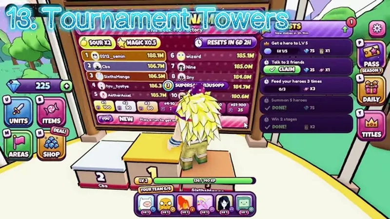 The Tournament Tower leaderboard in Candy Kingdom Defense ranking players by damage output