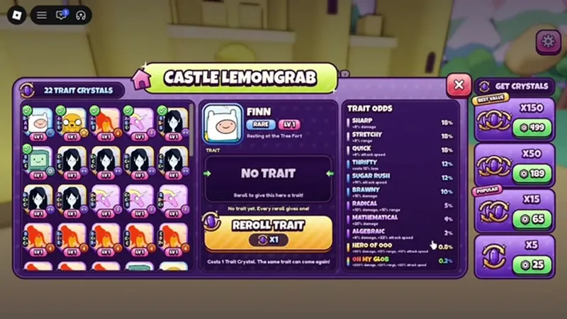 The Castle Lemongrab panel showing the trait odds list and trait crystal prices