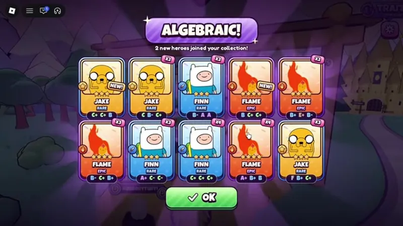 The hero card grid in Candy Kingdom Defense showing Finn, Jake and Flame hero cards
