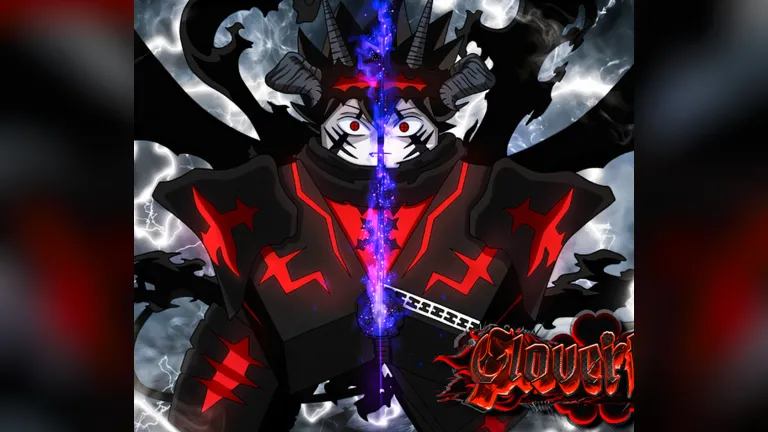 Armored demon knight portrait framed by red and blue blurred side panels