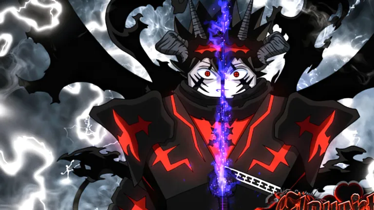Demon knight close-up beside a glowing purple vertical magic beam