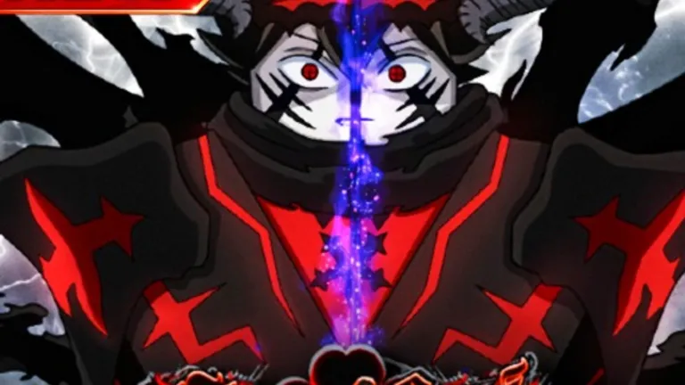 Red-eyed horned demon face split by violet arcane magic stream
