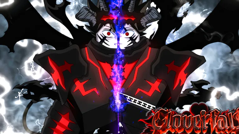 High-contrast demon knight wielding crackling purple sword amid storm