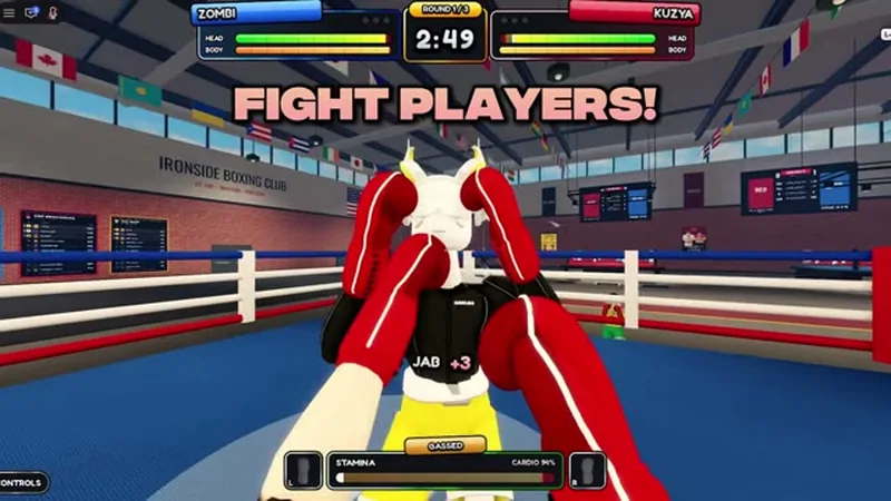 Official First Person Boxing screenshot showing a boxer leaning away from a punch in the ring