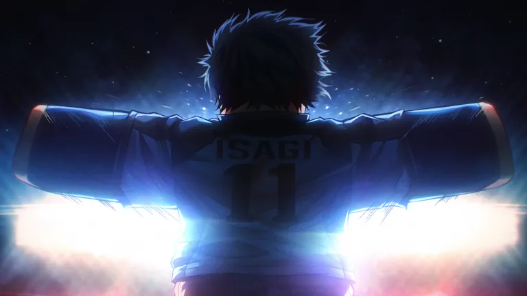 Isagi number eleven back view arms spread under bright stadium lights