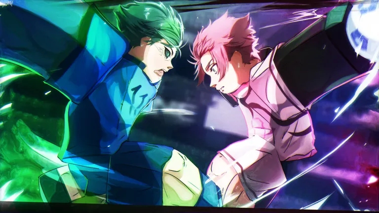 Rin and Shidou duel for the ball with green and purple aura effects across the stadium