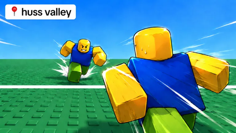 a yellow Roblox character sprinting across a green arena pitch under the huss valley logo