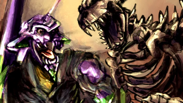 Two giant kaiju roaring face to face in a dark arena before a boss fight