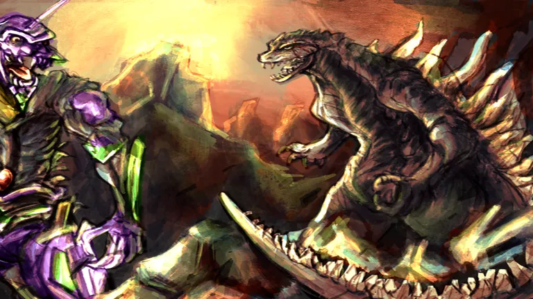 Shin Eva style kaiju and Godzilla facing off under a burning Halloween sky in Kaiju Alpha