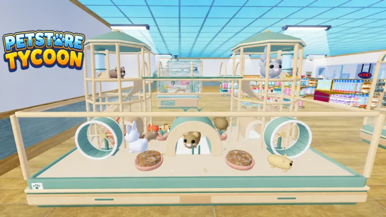 Pet store shop floor with animal enclosures and toy wheels