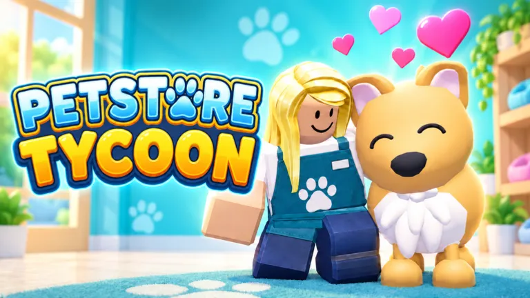 Pet Store Tycoon main character hugging a golden dog with heart icons