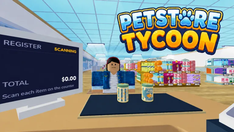 In-game checkout register screen with scan button and total counter