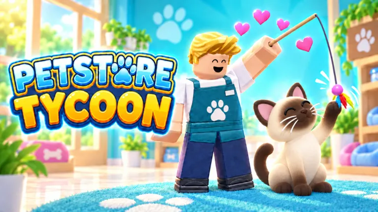 Pet Store Tycoon cashier teasing a siamese cat with a feather toy