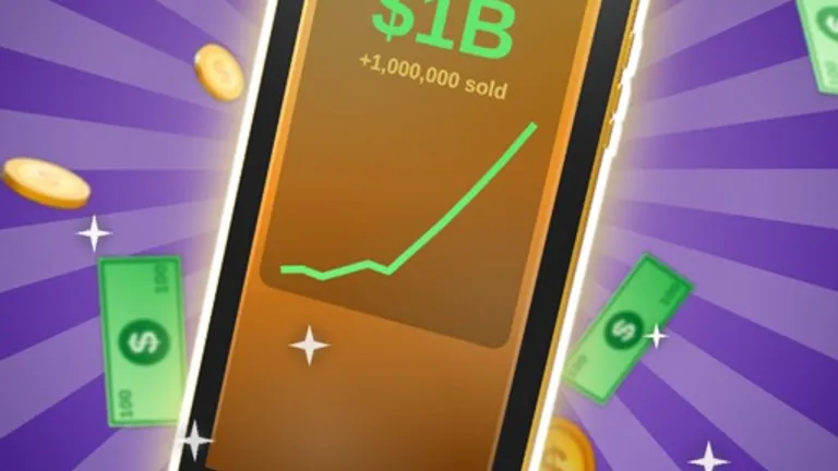 golden tablet showing total sales of one billion dollars with flying cash