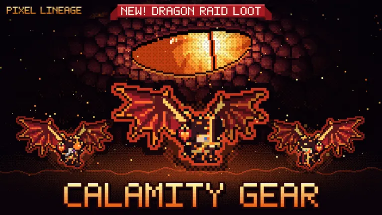 Three red Calamity Gear dragon raid bosses over lava gate