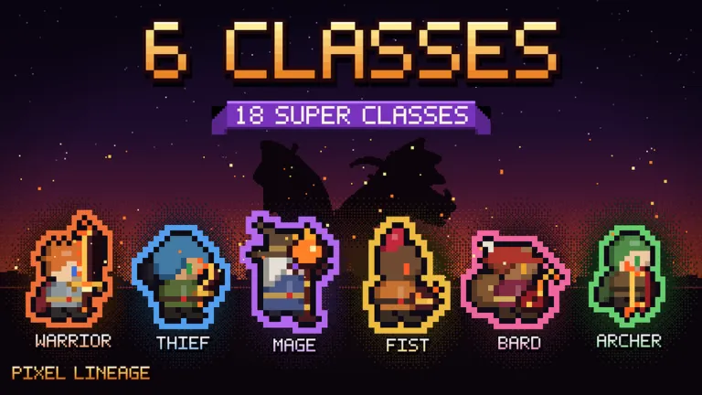 Full six class icons lineup showing Warrior Thief Mage Fist Bard Archer portraits