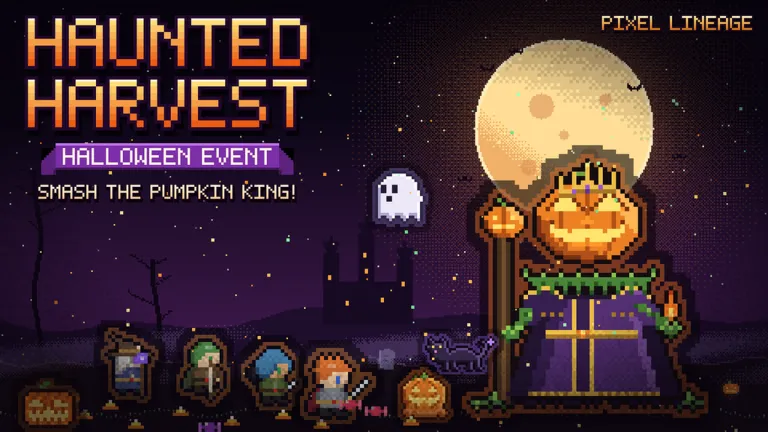 Haunted Harvest Halloween event art with Pumpkin King boss