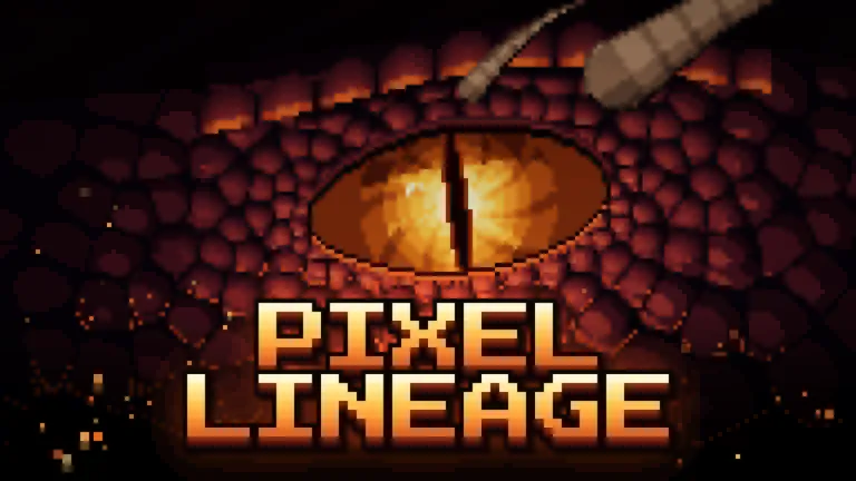 Giant golden dragon eye emblem with PIXEL LINEAGE title art
