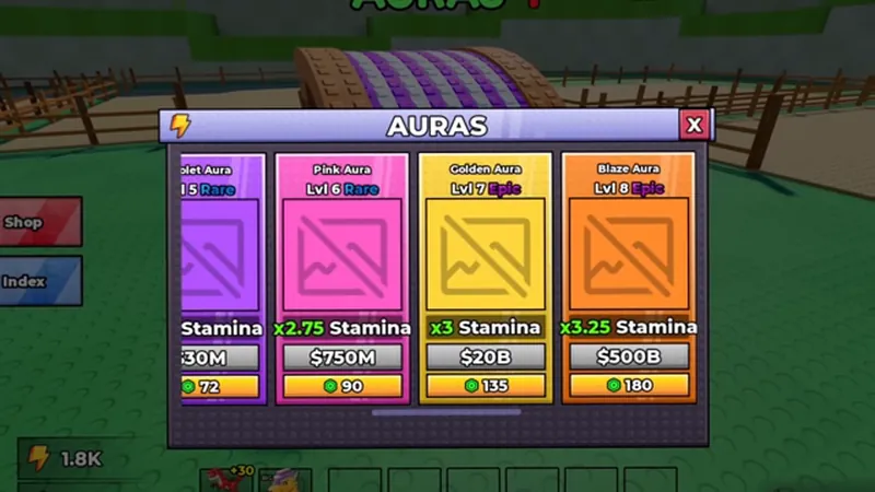 The Auras panel in Ride a Dino showing four aura cards with levels, rarity, multipliers and prices