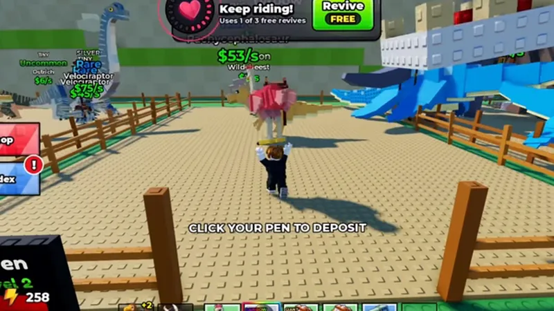 Ride a Dino ranch view showing the cash counter and the race retry warning