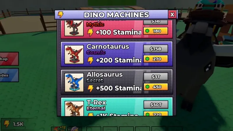 The Dino Machines panel in Ride a Dino with stamina values, cash prices and Robux prices