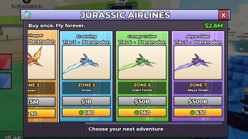 The Jurassic Airlines travel panel in Ride a Dino, listing zone destinations and prices
