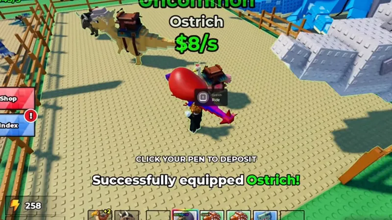 Ride a Dino ranch with an Ostrich equipped and its income shown as eight dollars per second