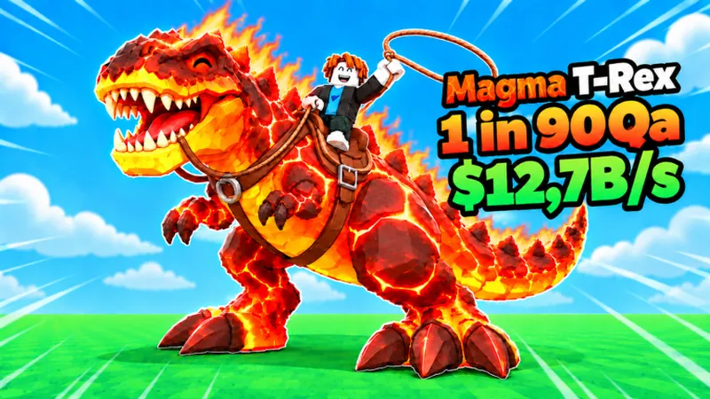 Official Ride a Dino art advertising the Magma T-Rex with its spawn rate and income