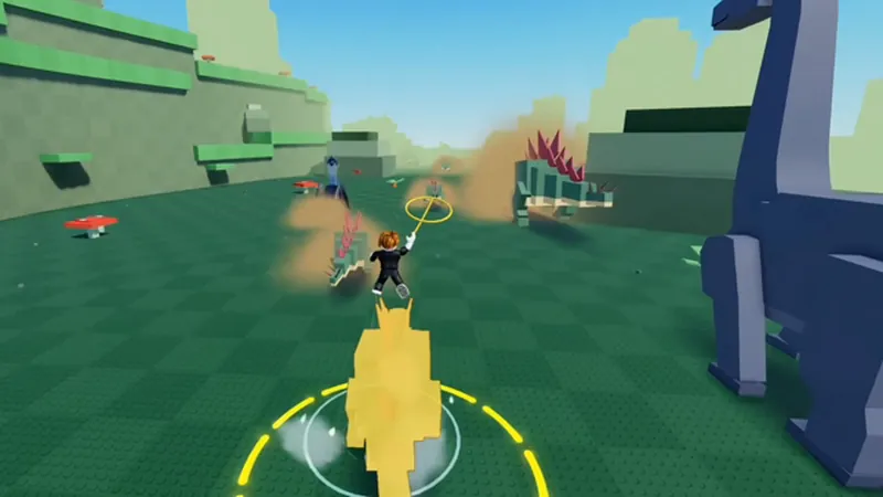 A rider approaching a dinosaur marked with a yellow ring in the Ride a Dino canyon