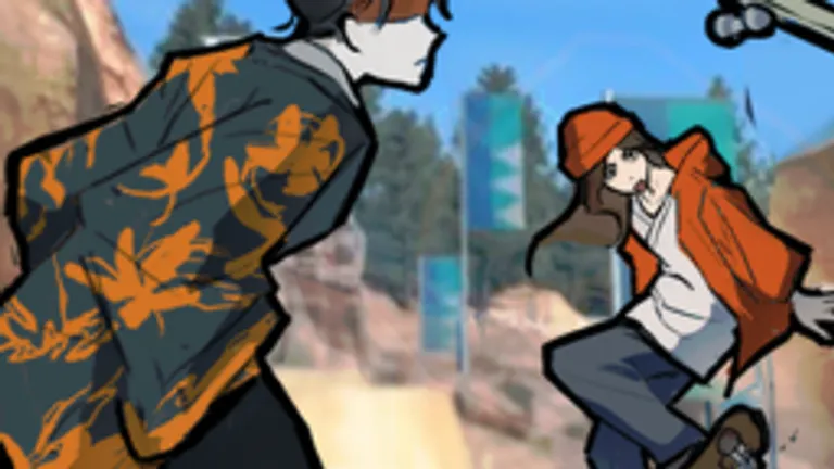Orange-jacket skater and orange-hoodie skater above the wooden ramp