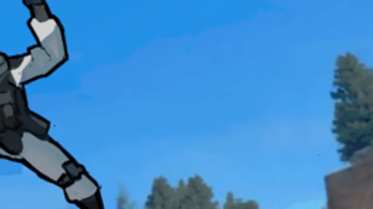 Blue canyon sky, pine trees and an airborne skater near the teal tower