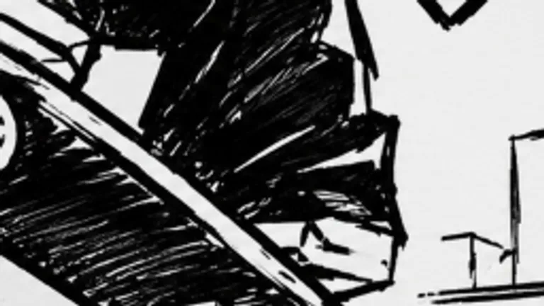 Ink sketch of a skateboard deck, wheels and rail lines under the skater