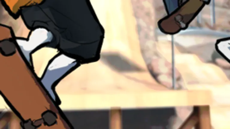 Wooden quarter-pipe ramp and skater legs on the canyon floor