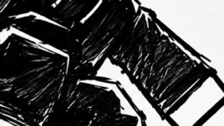 Ink sketch of the skater's dark jacket and the skateboard deck edge