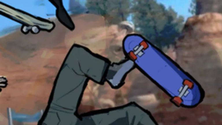 Skater popping a blue skateboard deck against the canyon wall