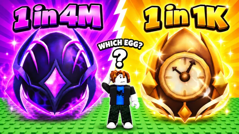 Official Tap Simulator Reborn stand showing a purple 2 in 4M egg beside a golden 1 in 1K clock egg